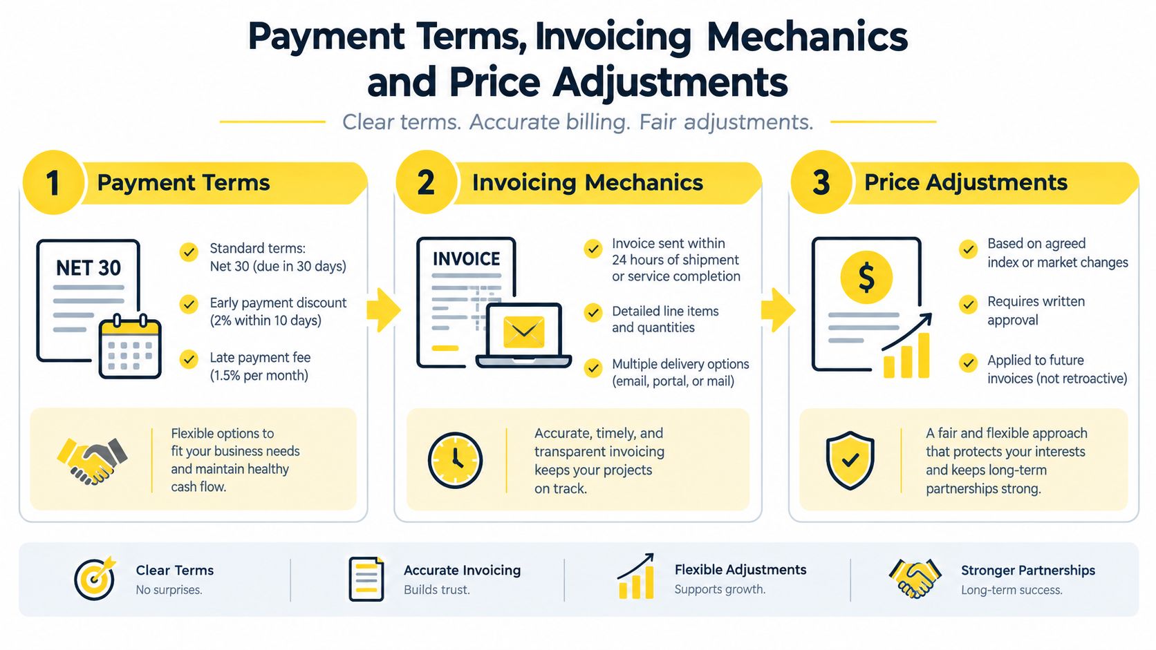 A diagram outlining payment terms, invoicing processes, and price adjustment policies for small business service contracts.