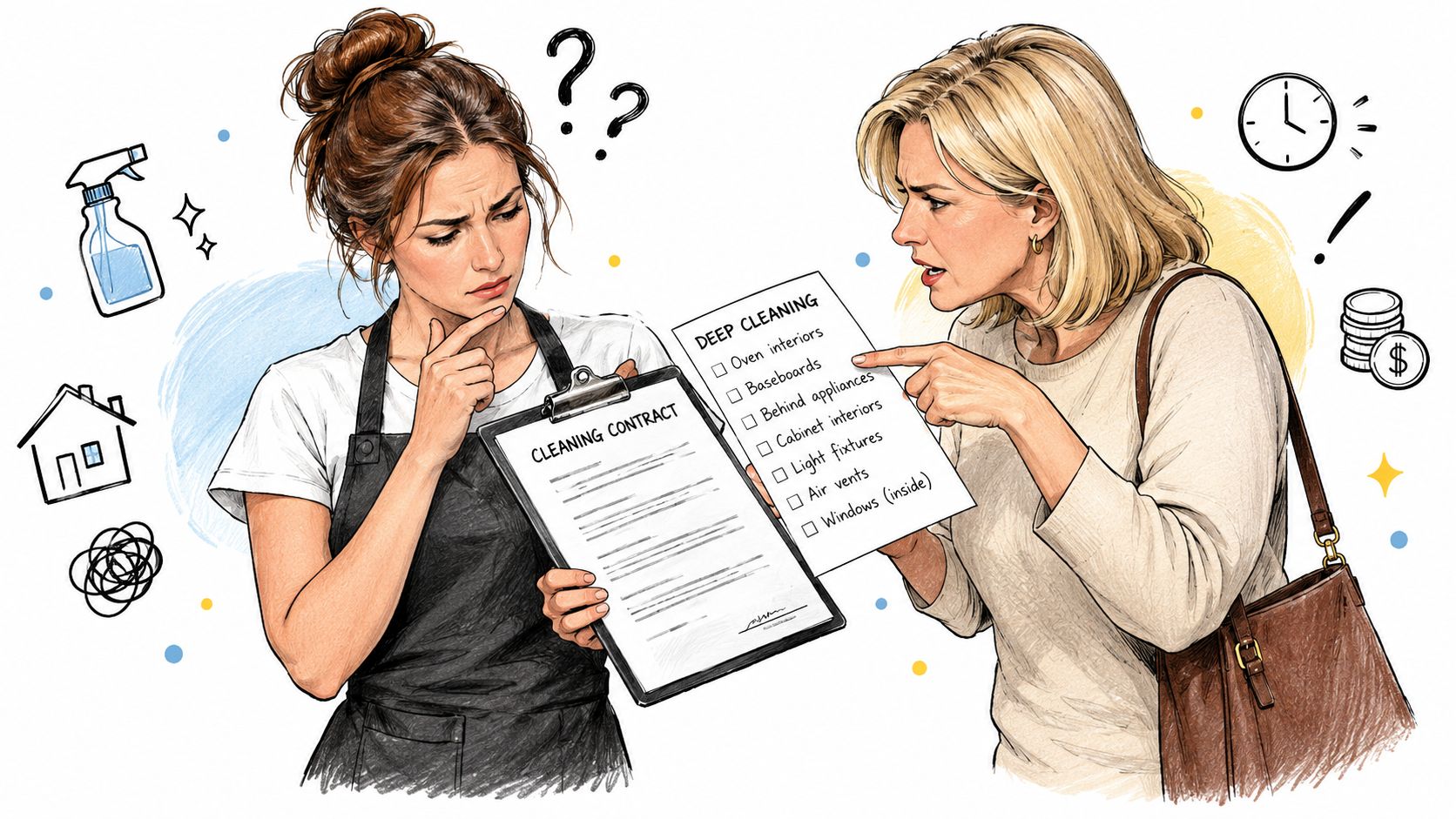 A professional house cleaner and a client reviewing a deep cleaning service contract with a checklist.