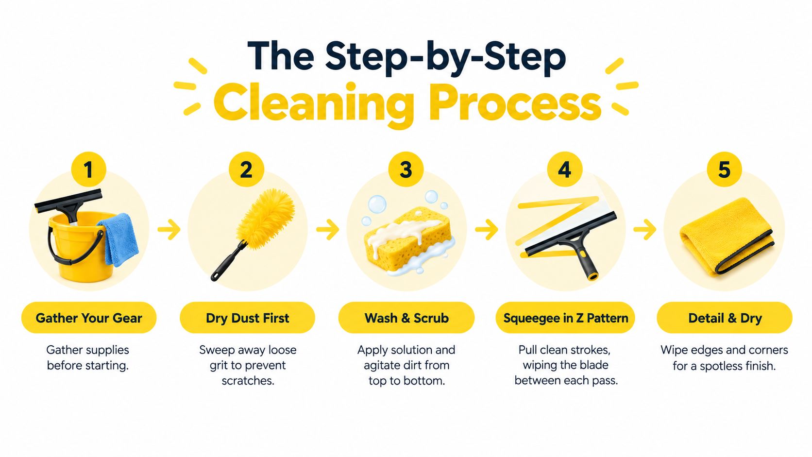 A five step guide illustrated with icons showing the process of cleaning a window effectively.