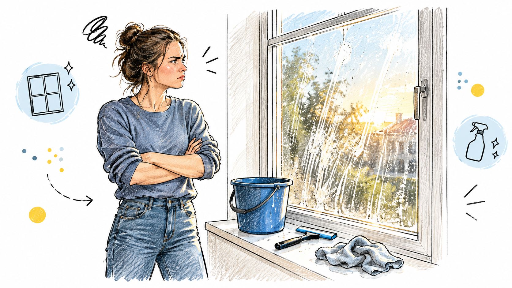 A frustrated woman stands before a streaky window with cleaning supplies, looking annoyed by the dirty glass.