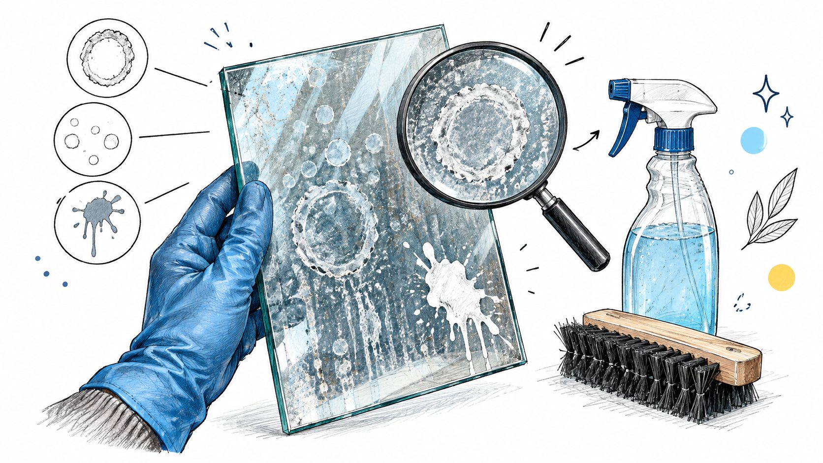 A gloved hand holding a dirty glass pane being inspected with a magnifying glass for cleaning needs.