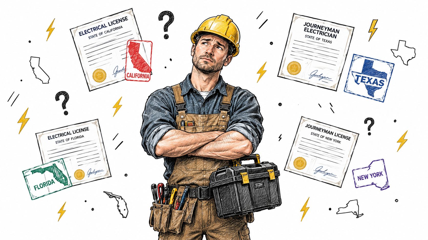 A professional electrician wearing a yellow hard hat and overalls, surrounded by various state electrical licenses.