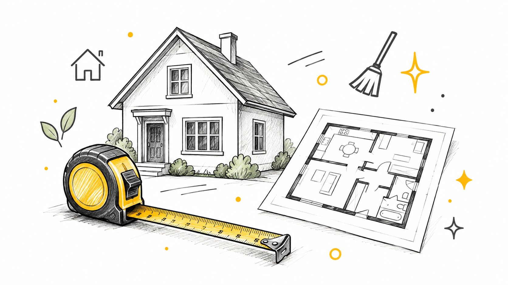 A pencil sketch of a house, floor plan, tape measure, and cleaning broom on white background