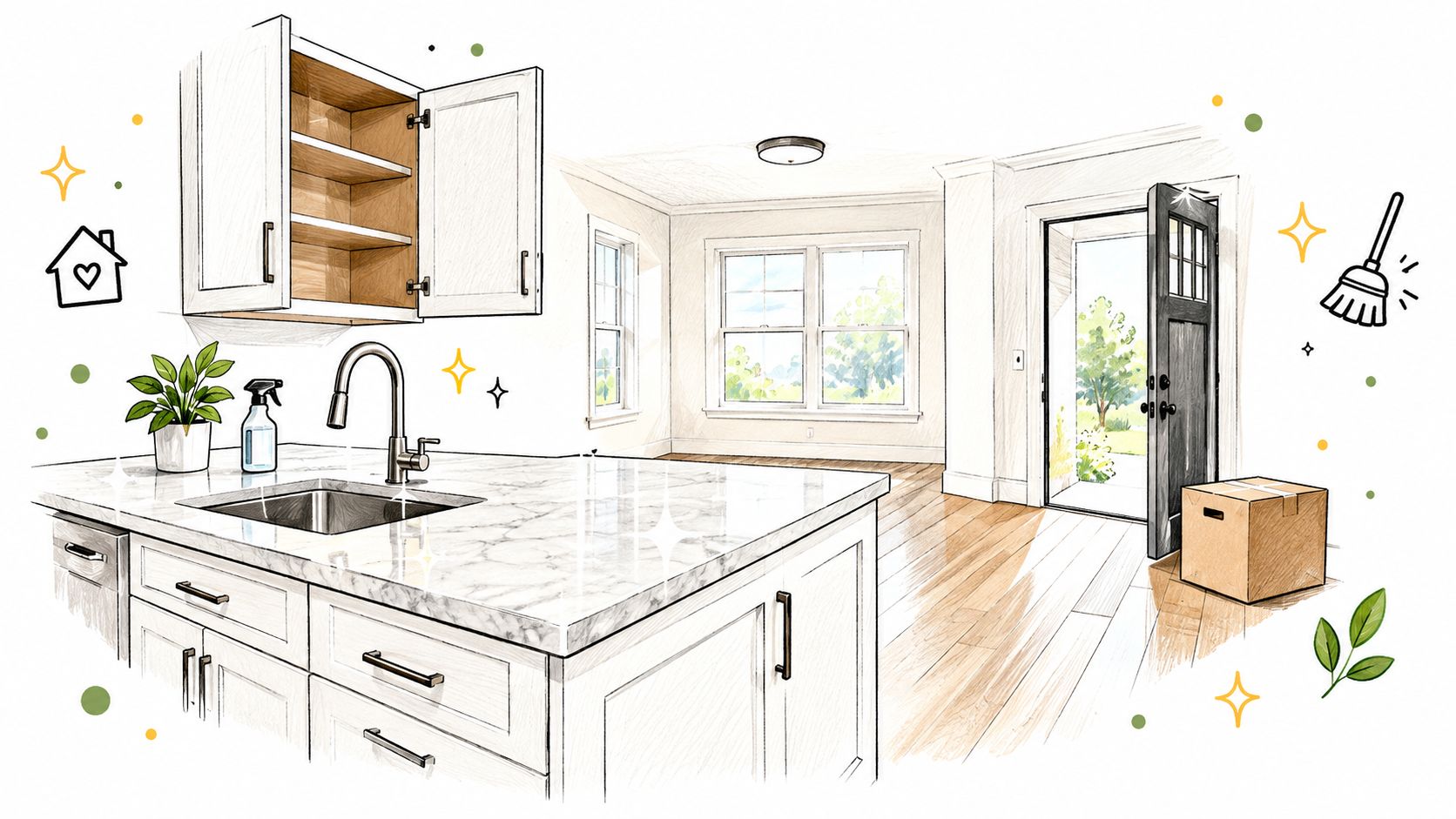 A clean kitchen island and open cabinet in a bright home during the move-in cleaning process.