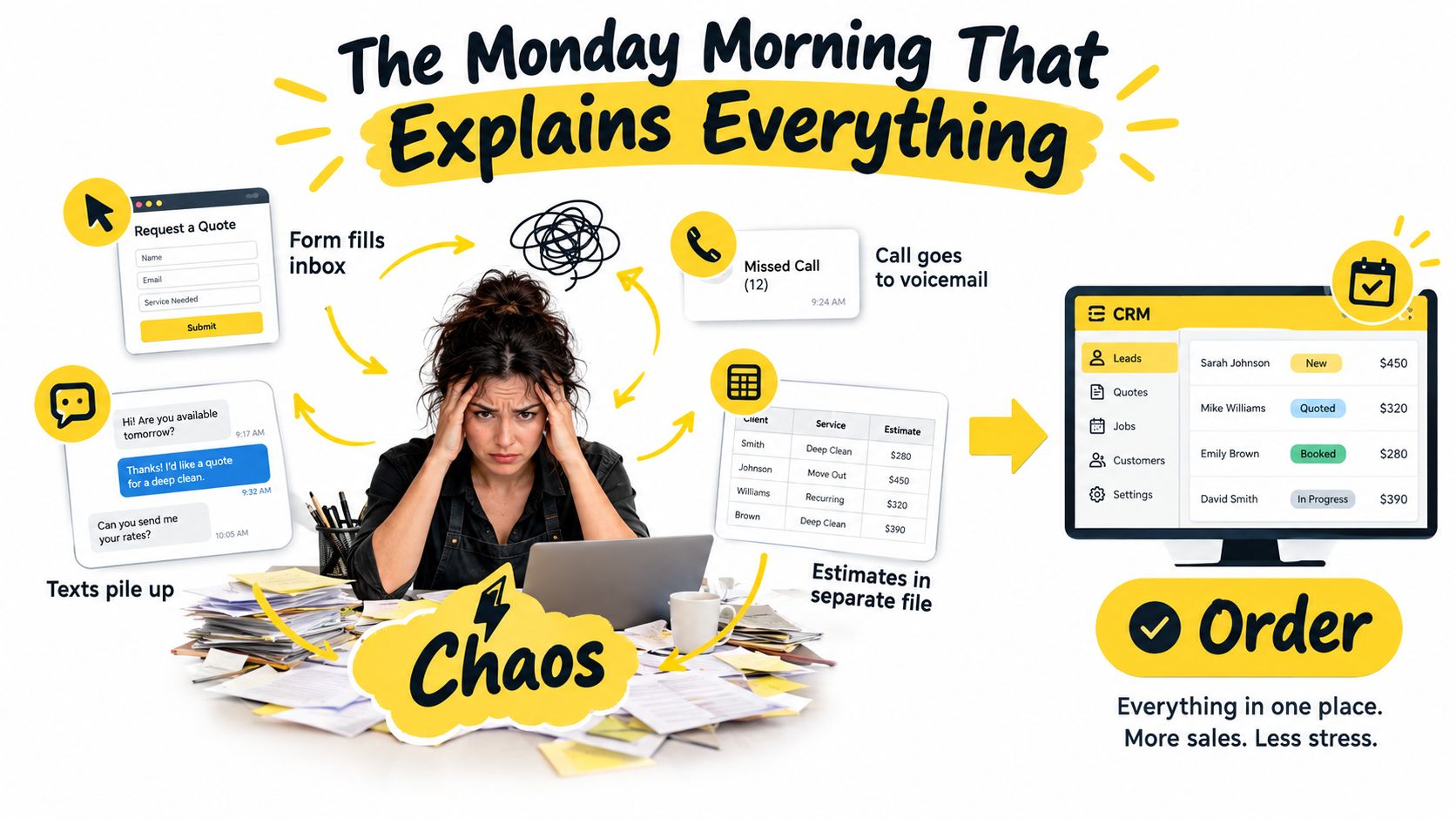 A woman overwhelmed by business chaos, contrasting messy manual processes with an organized CRM system interface.