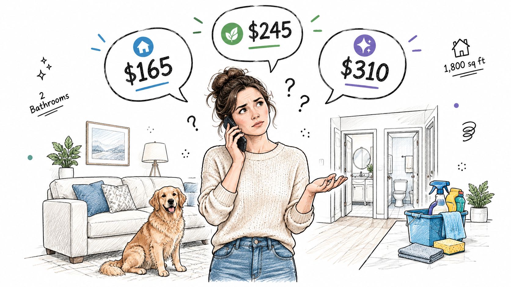 A woman looks confused while on the phone deciding between three different house cleaning price quotes.