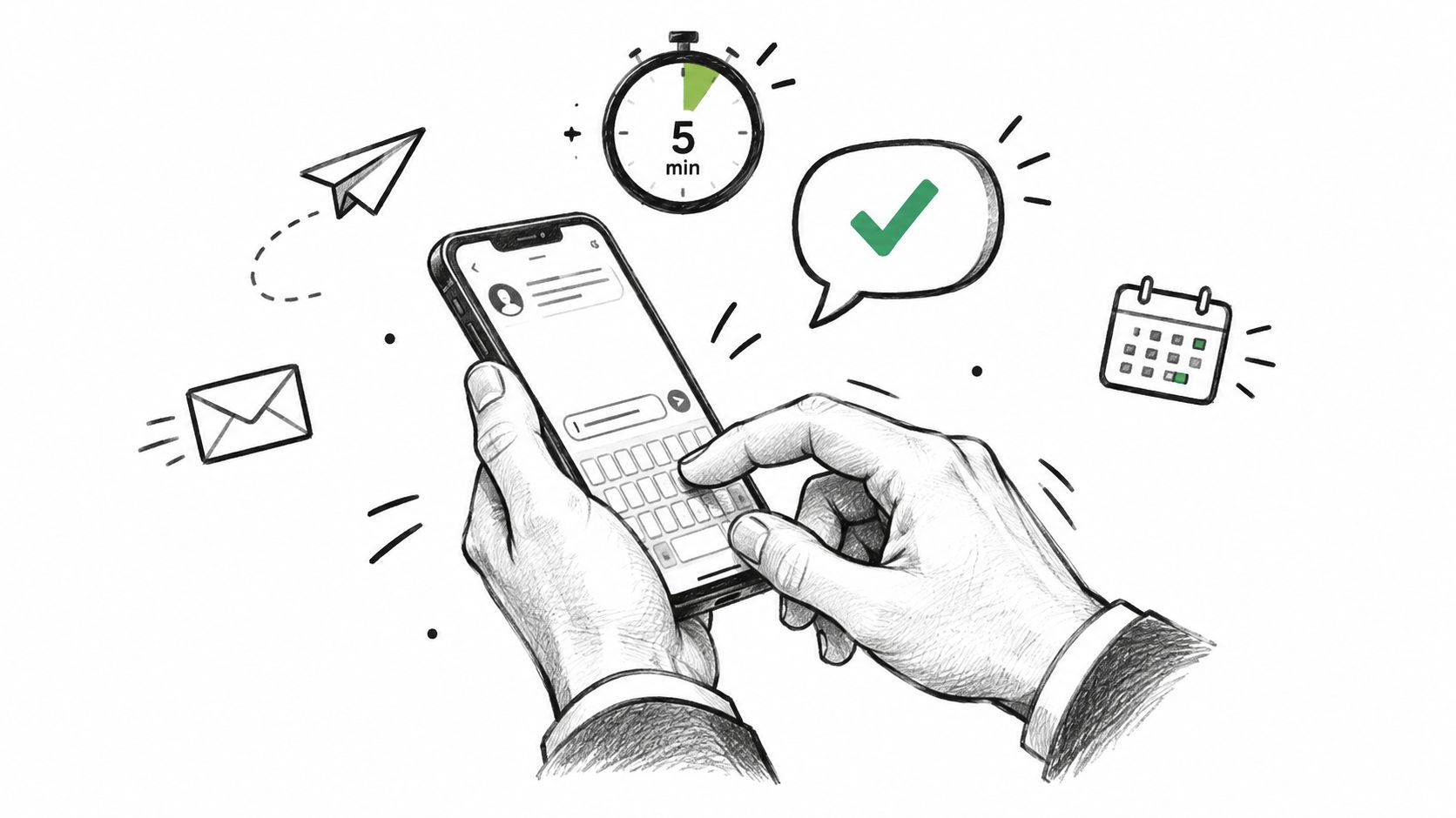 A pencil sketch illustration of hands typing on a smartphone with icons for communication and scheduling.
