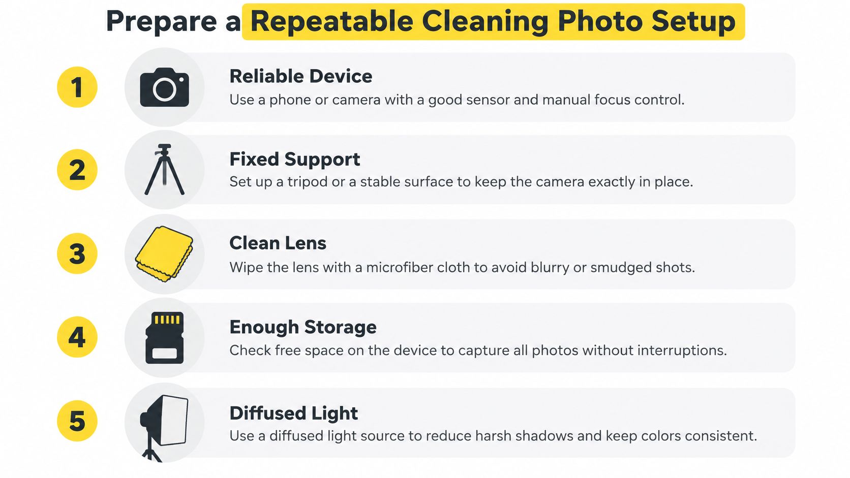 An infographic showing five essential steps to set up a repeatable cleaning photo studio at home.