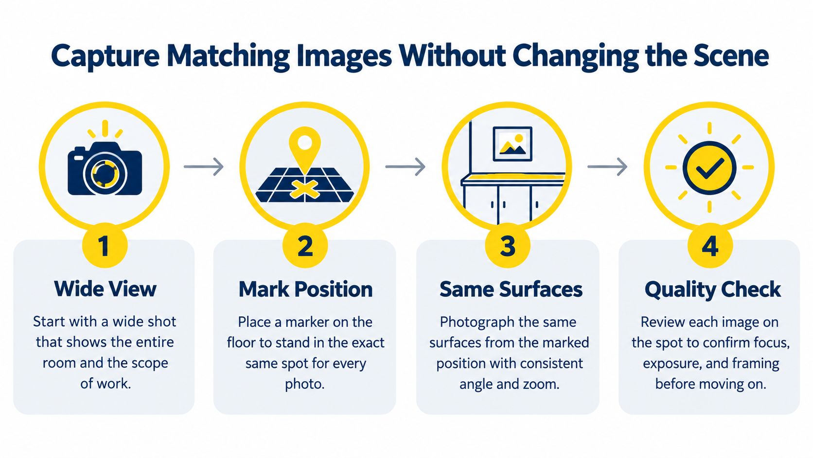 A four-step infographic showing how to capture consistent before and after images of a room.