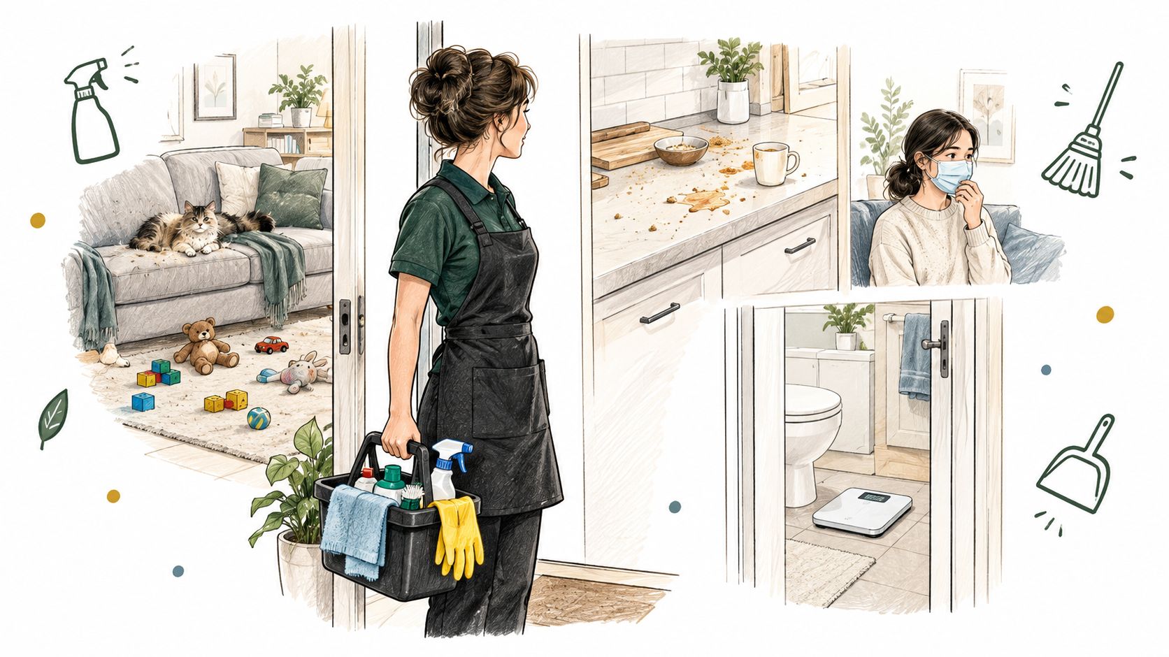 A professional cleaner carrying a bucket of supplies stands between rooms representing a messy living area and kitchen.