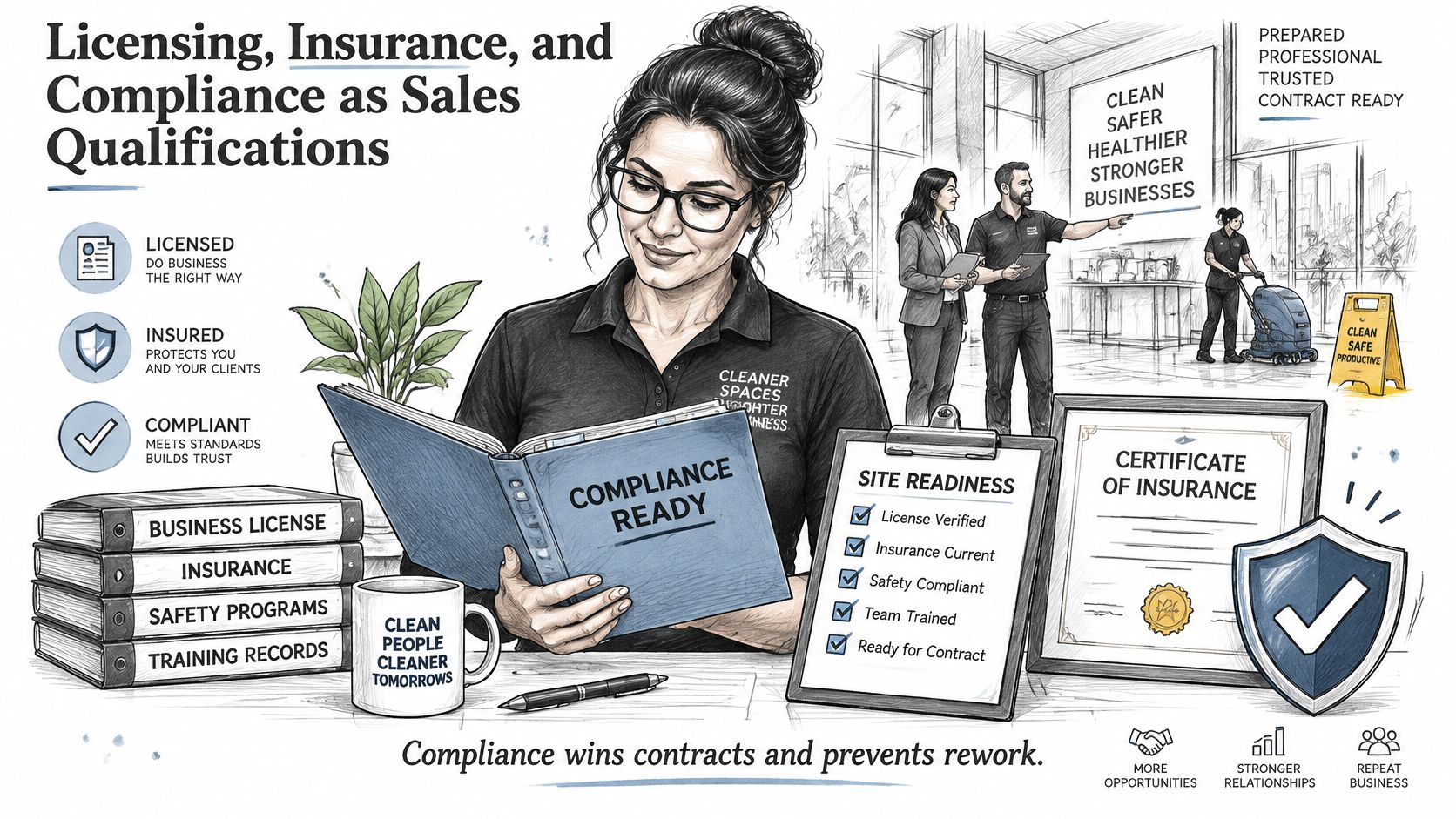 A professional woman reviewing compliance documents in an office, illustrating essential requirements for starting commercial cleaning businesses.