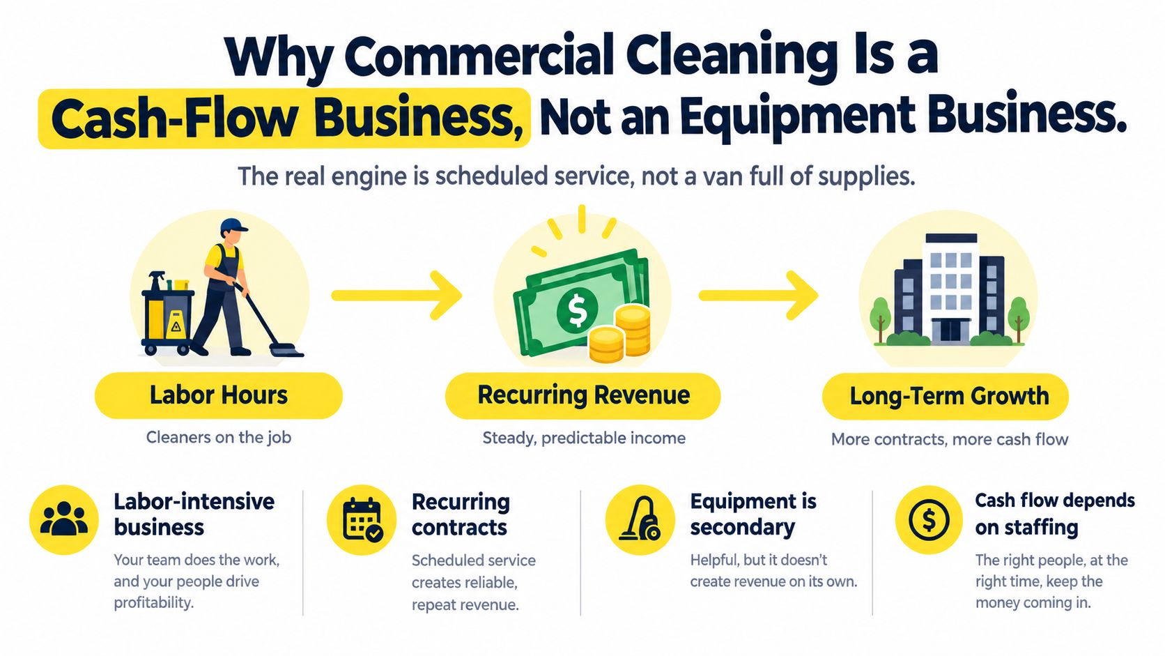 A diagram explaining that commercial cleaning is a labor-intensive cash-flow business rather than an equipment-focused venture.