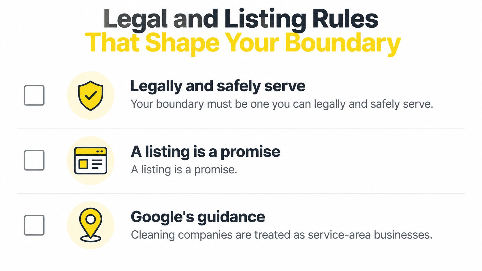 An infographic titled Legal and Listing Rules explaining business boundary guidelines for service-area companies like cleaners.