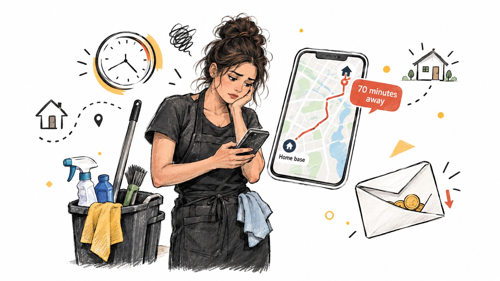 A weary cleaning worker looks at her phone, which shows a long commute to her next job.
