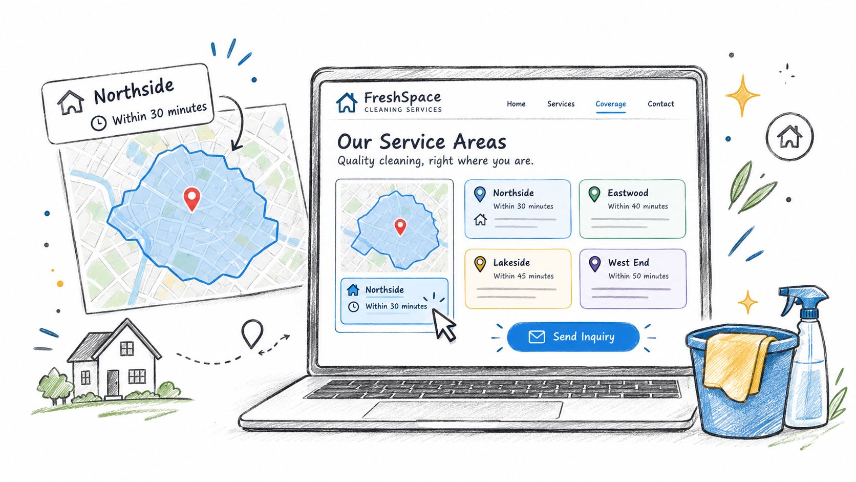 A digital illustration showing a website interface displaying service coverage areas for a professional cleaning company.