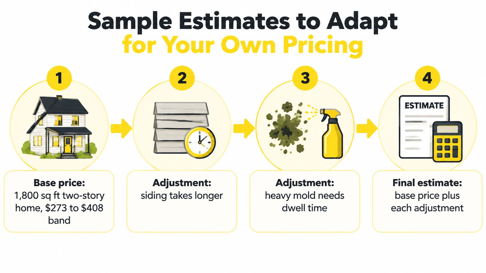 A diagram illustrating the four-step process for calculating customized pressure cleaning price estimates for a home.