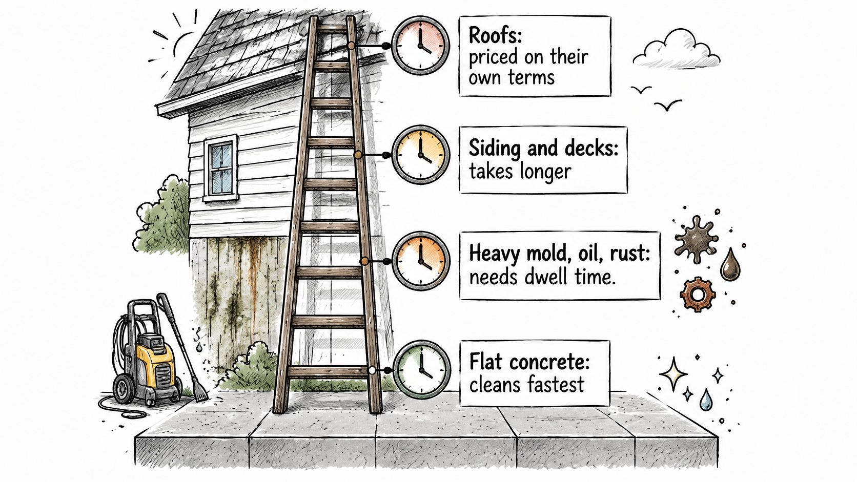 An infographic illustrating various home surfaces like roofs, siding, and concrete and how they affect pressure cleaning prices.