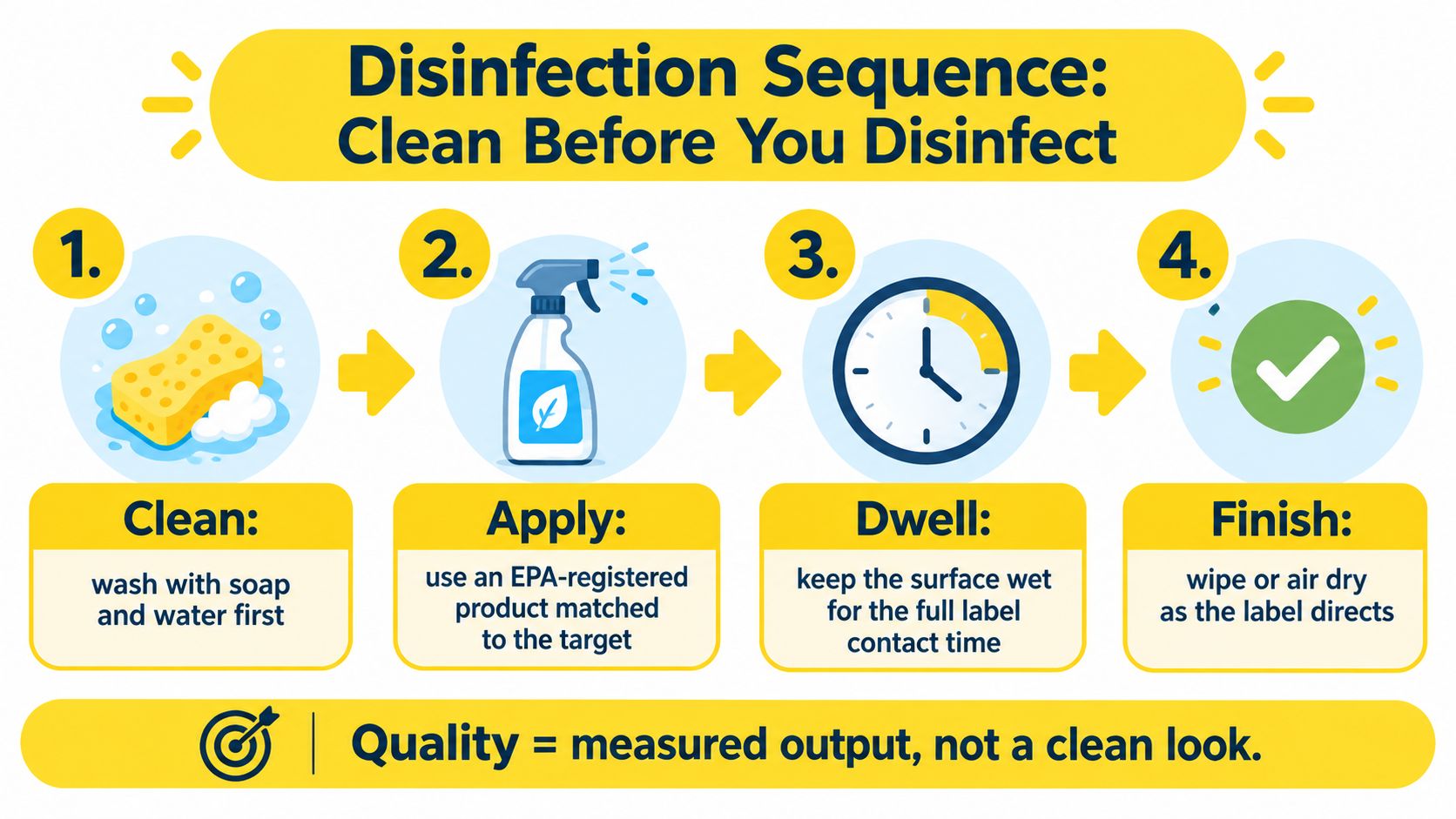 A four-step infographic illustrating the proper disinfection sequence: clean, apply, dwell, and finish, for surface sanitization.