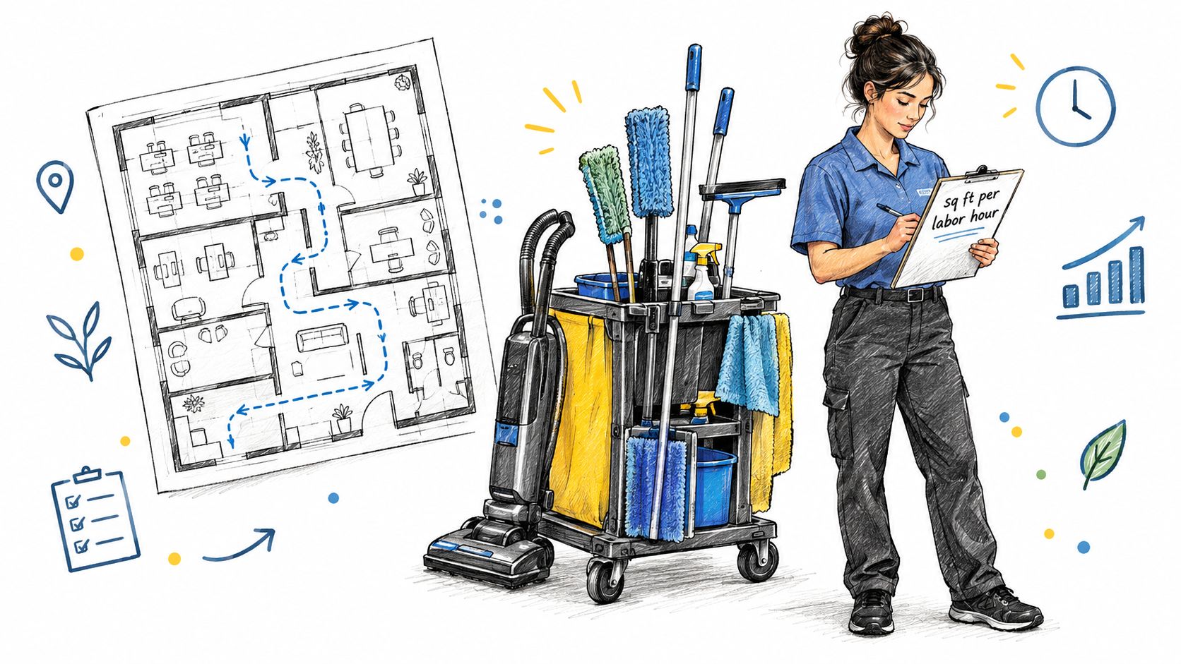 A professional cleaner reviews a floor plan on a clipboard, standing next to a commercial cleaning cart.