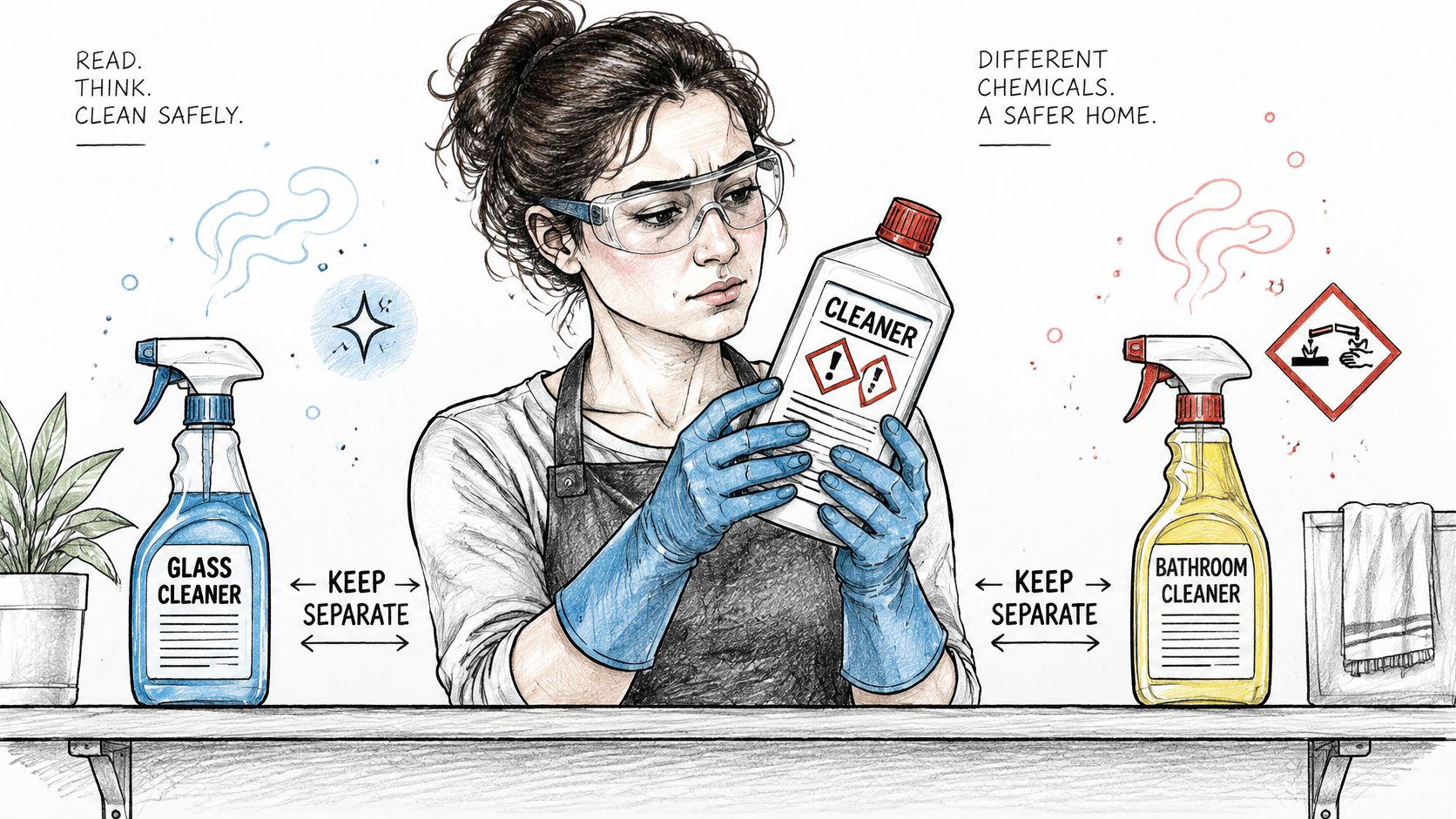 A woman wearing gloves and safety glasses carefully reads the label on a bottle of cleaner.