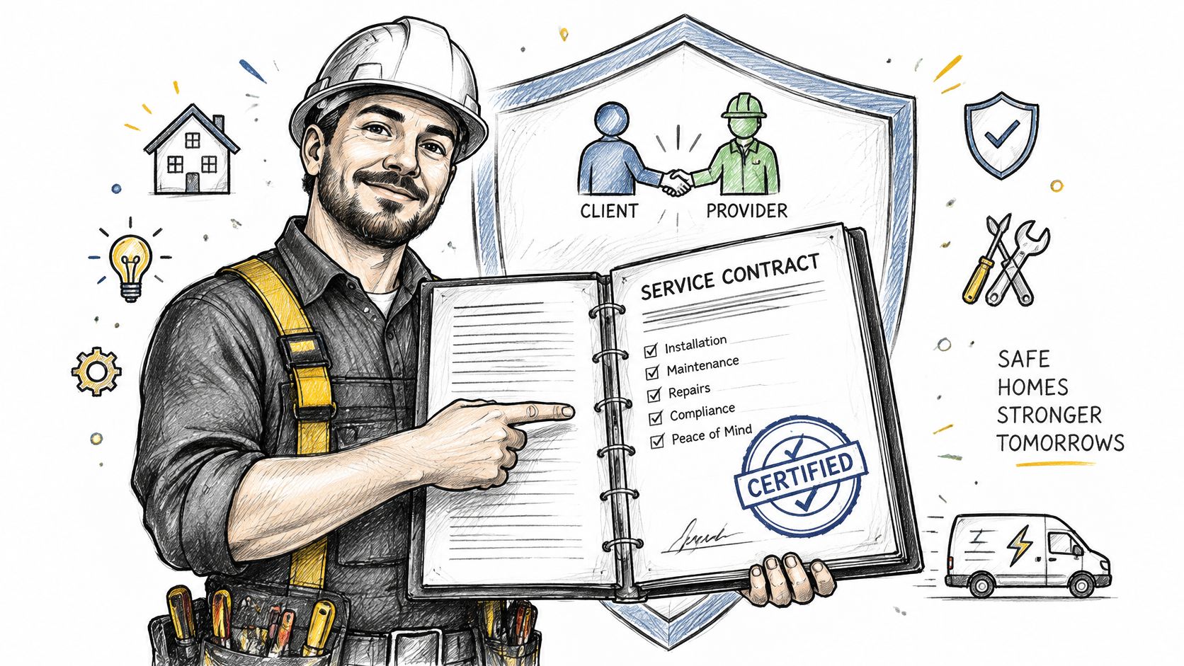 A professional electrician in a hard hat holding a service contract checklist with a certified seal.