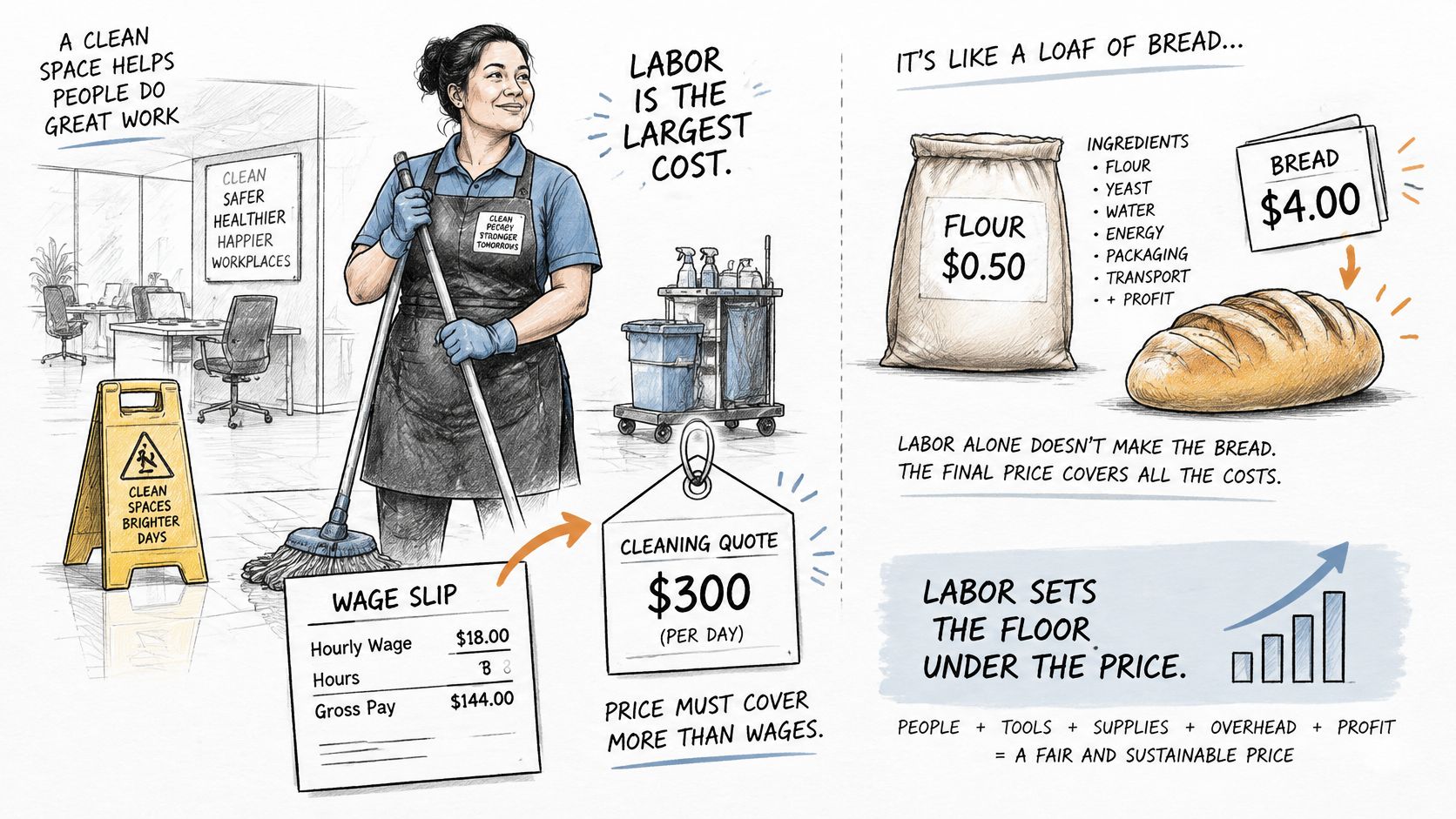An infographic showing that commercial cleaning service pricing includes labor, tools, supplies, and profit overhead costs.