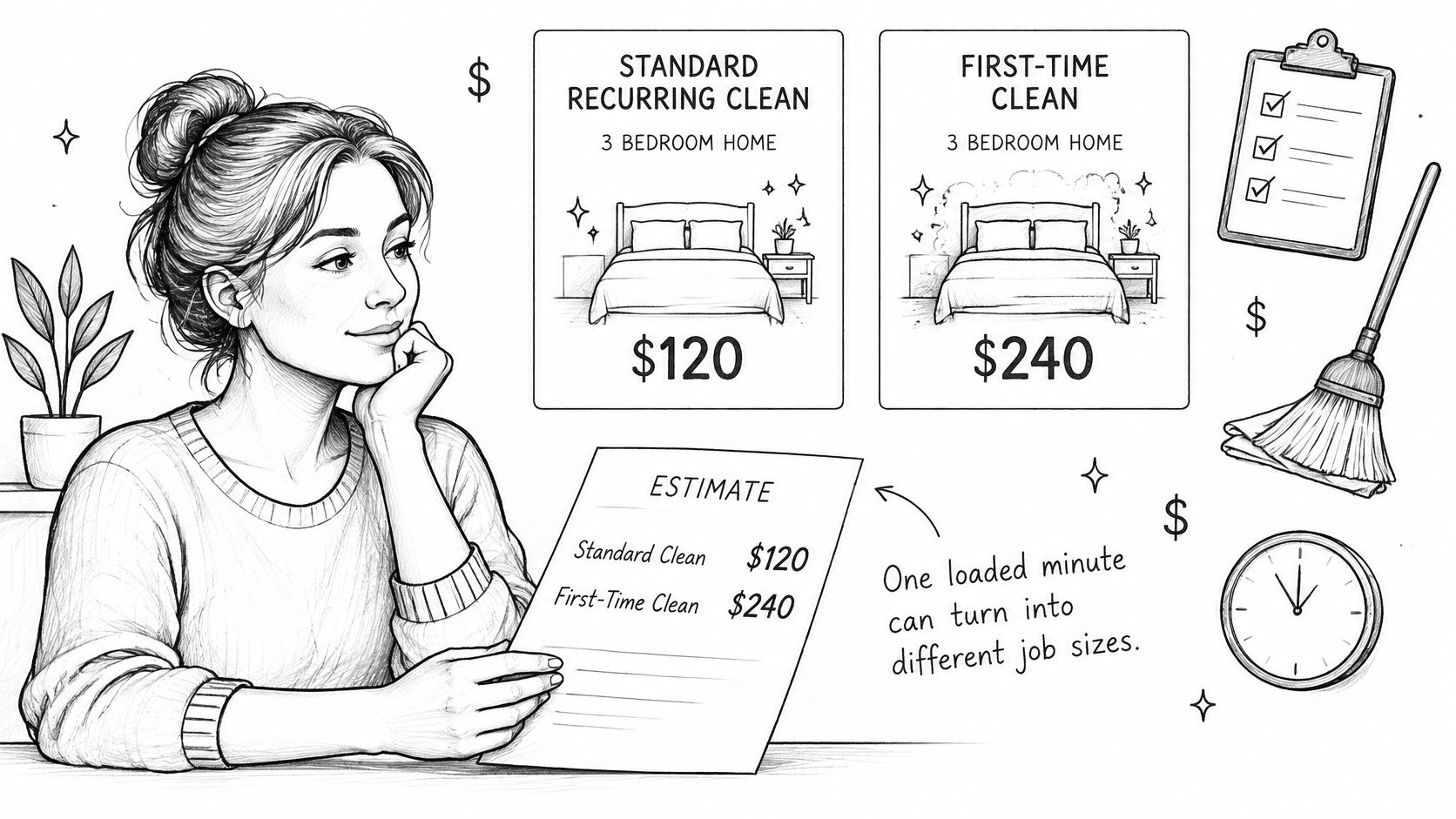 A line art illustration showing a woman reviewing cleaning service price estimates for a three bedroom home.