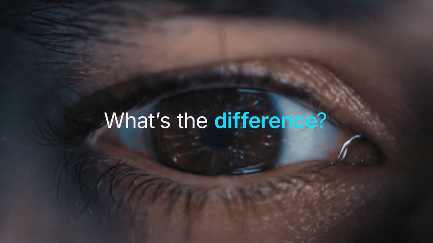 Close-up of a human eye with the words 'What's the difference?' overlaid on the pupil.