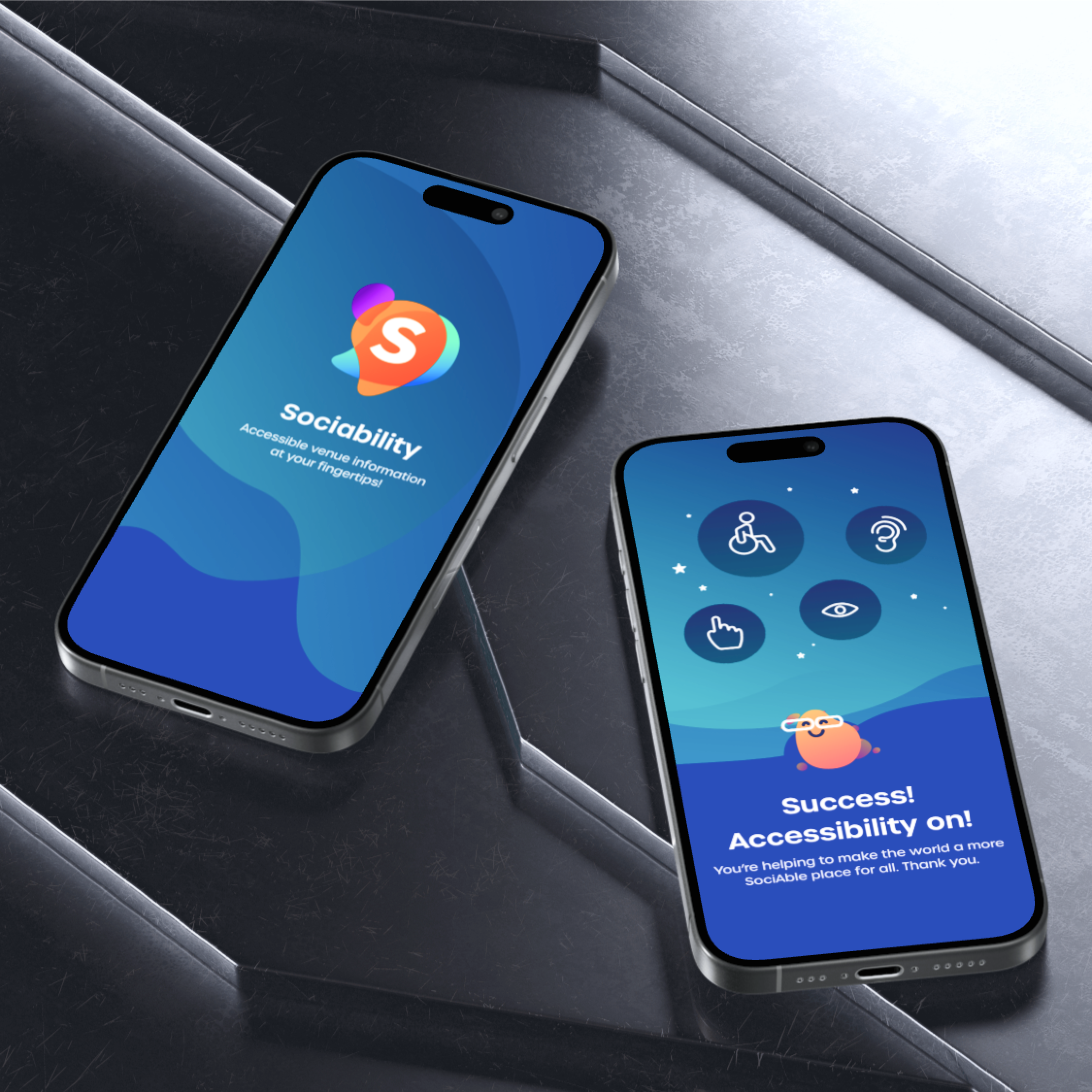 Sociability an app that shows accessible locations for people with disabilities: home screen and success screen.