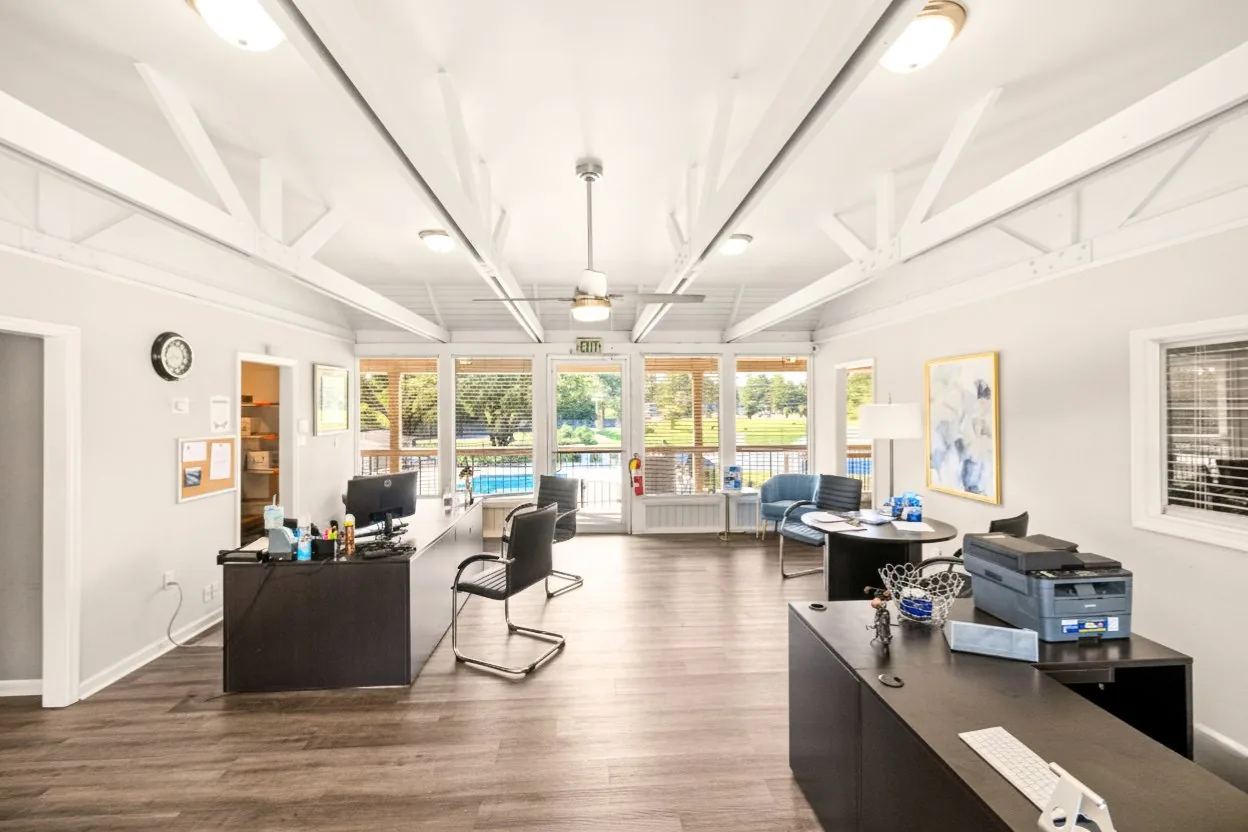 Leasing office interior with pool view at Lakeside Lakeview