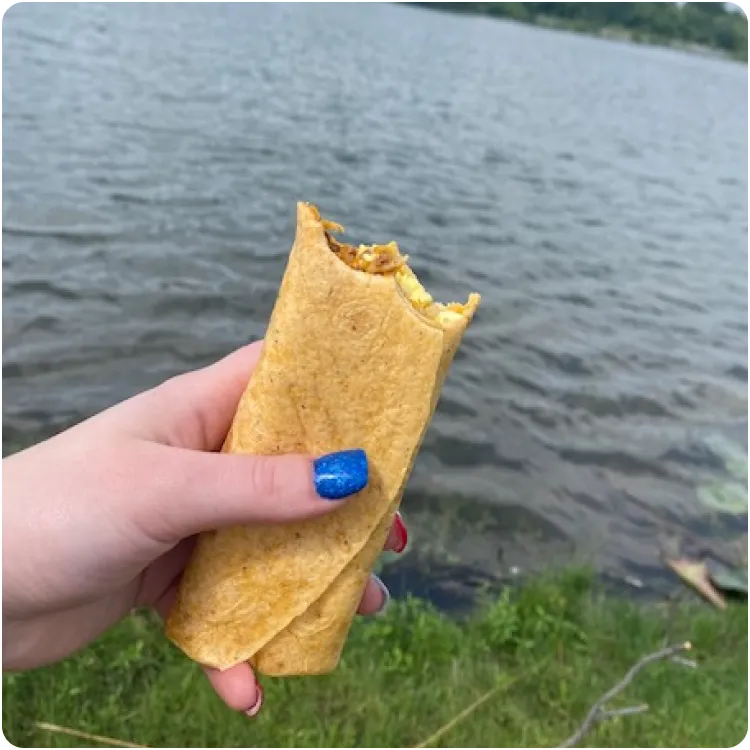Hand with blue nail polish holding a partially eaten wrap near a lakeside with green grass and water in the background.