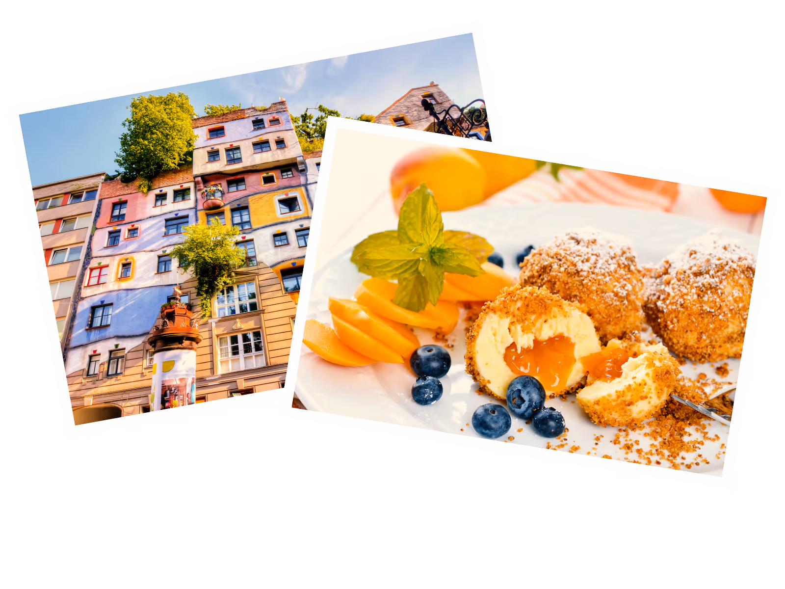 A visual collage of two photos: the top-left photo features the exterior of the colorful, irregularly-designed Hundertwasserhaus in Vienna with integrated greenery; the bottom-right photo displays three Austrian Marillenknödel (apricot dumplings) coated in breadcrumbs, one of which is cut open to show the apricot filling, served with fresh blueberries and sliced apricots.
