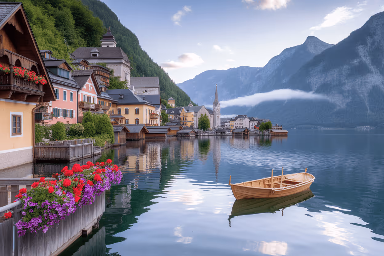 A scenic view of the Austrian village of Hallstatt on a lake, featuring a small wooden rowboat in the foreground, pastel-colored houses, a prominent church steeple, and steep mountains in the background.