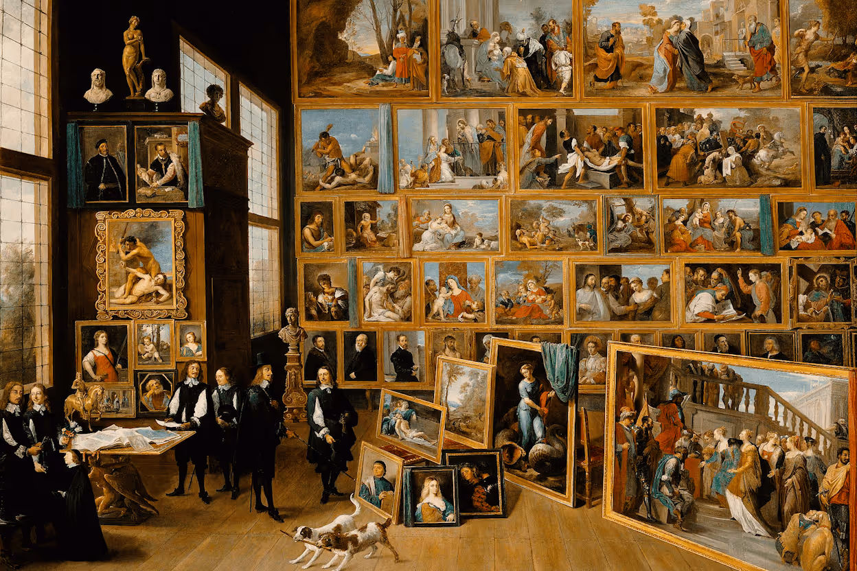 A highly detailed Baroque gallery painting showing an interior with dozens of framed pictures covering the back wall, several large paintings leaning on the floor, and a group of formally dressed figures gathered around a table on the left.