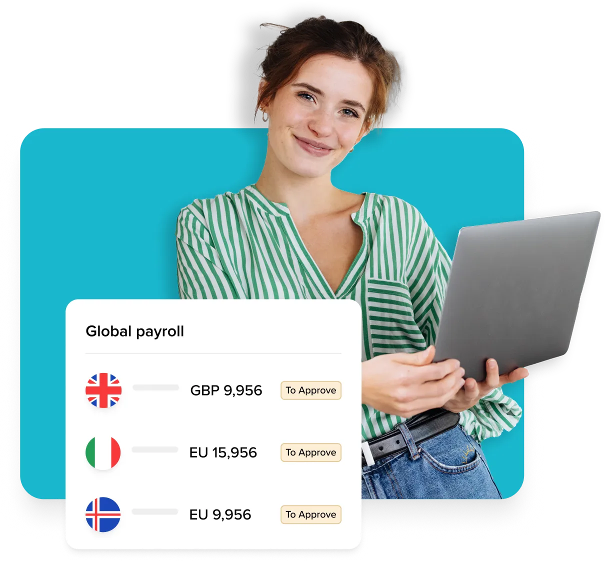A lady holding a laptop, behind some stats about global payroll