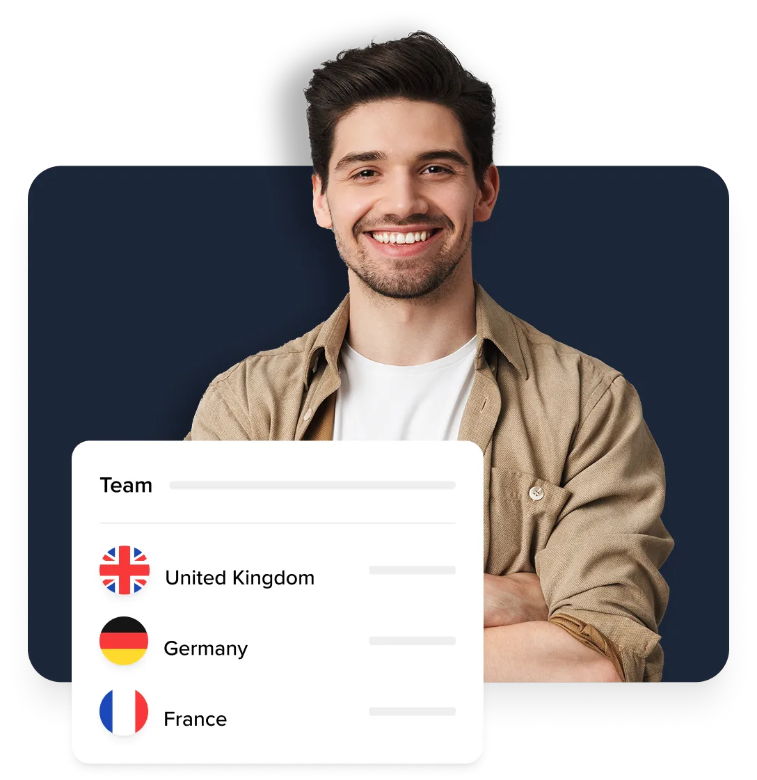 A guy smiling, behind some flags from the UK, Germany and France