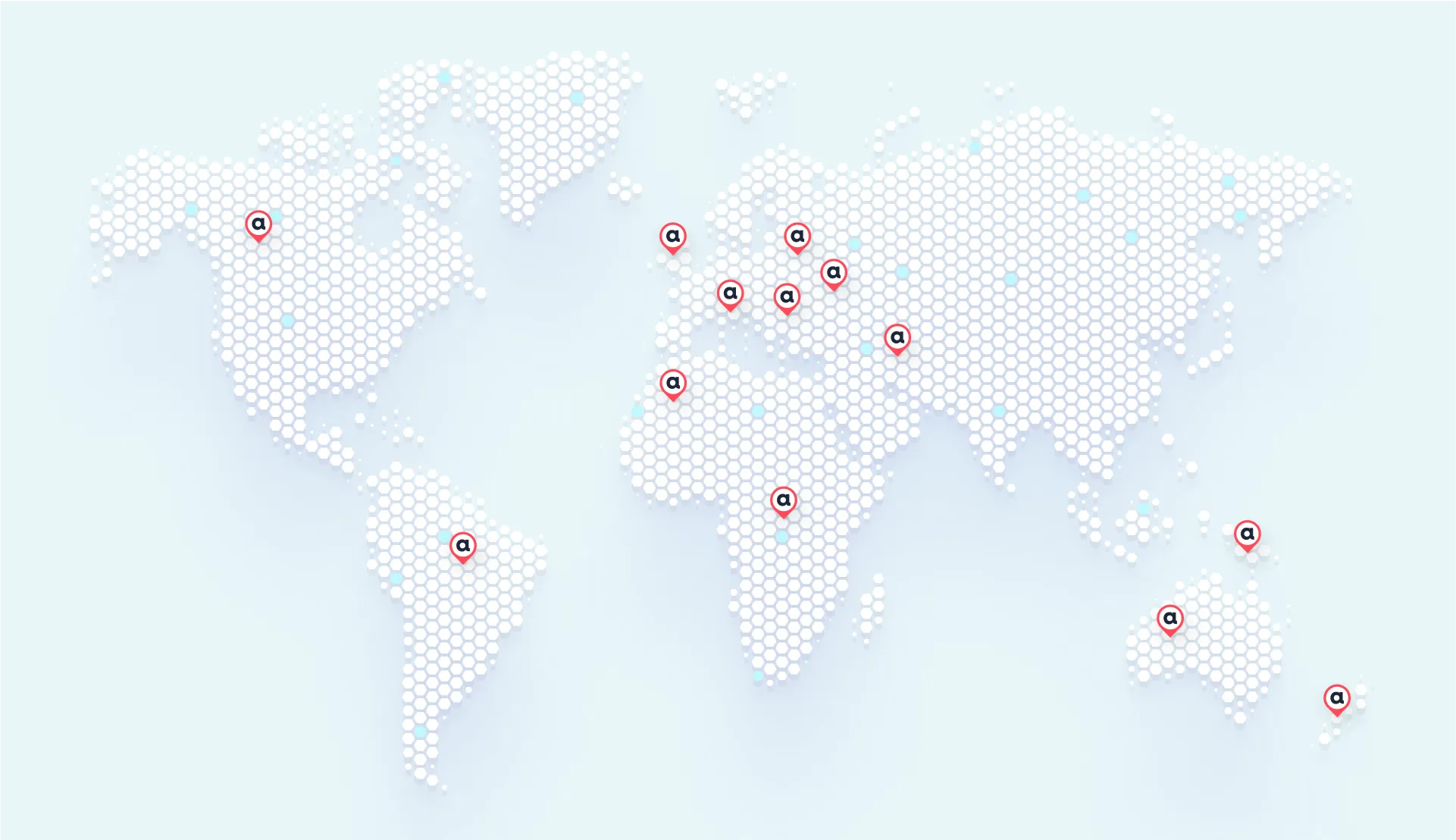 World map with white hexagonal pattern and red location markers across several continents including North America, South America, Europe, Africa, Australia, and Asia.