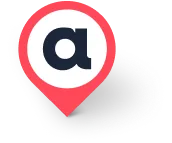 Logo with a lowercase letter 'a' inside a red location pin shape casting a shadow.