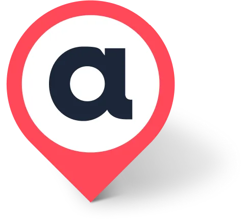 Logo with a lowercase letter 'a' inside a red map pin marker casting a shadow.