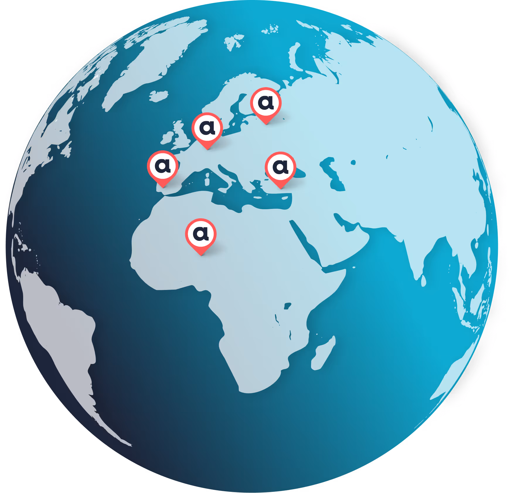Illustration of a globe showing parts of Europe, Africa, and the Americas with multiple red location pins marking various places.