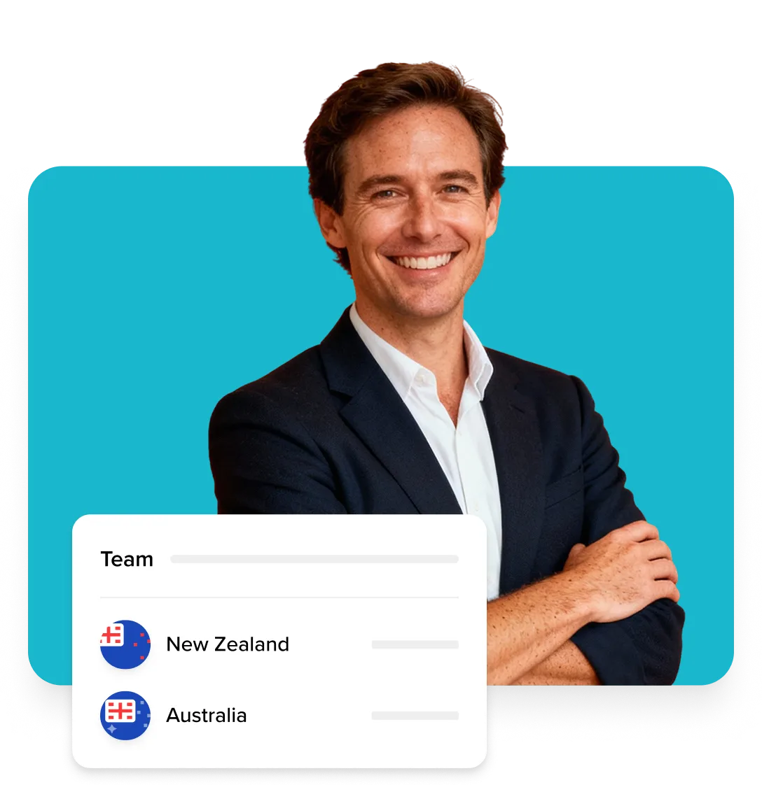 Smiling man in a dark suit with crossed arms in front of a teal background, alongside a pane listing New Zealand and Australia teams.