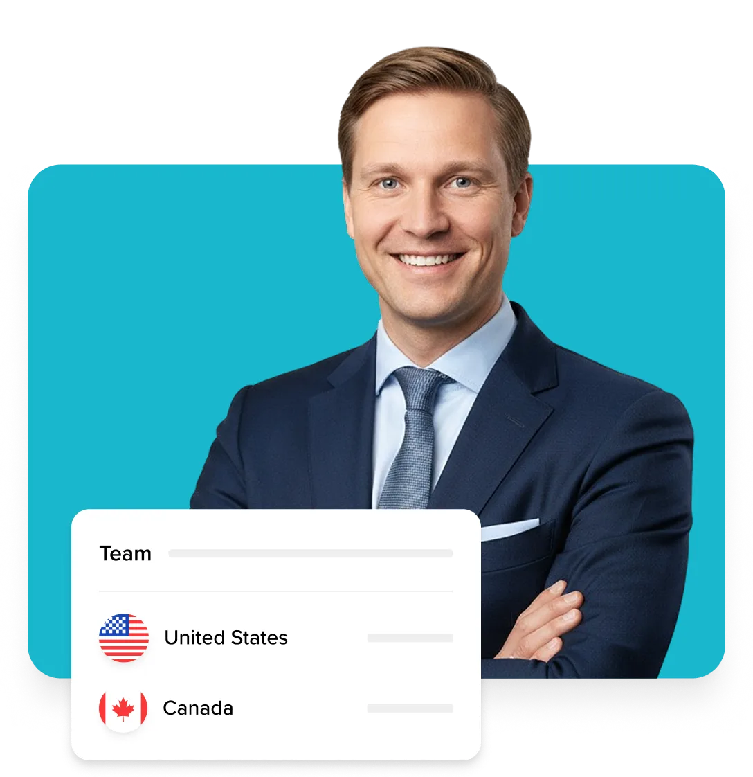 Smiling man in a navy suit with arms crossed, with a team selection overlay showing United States and Canada flags.