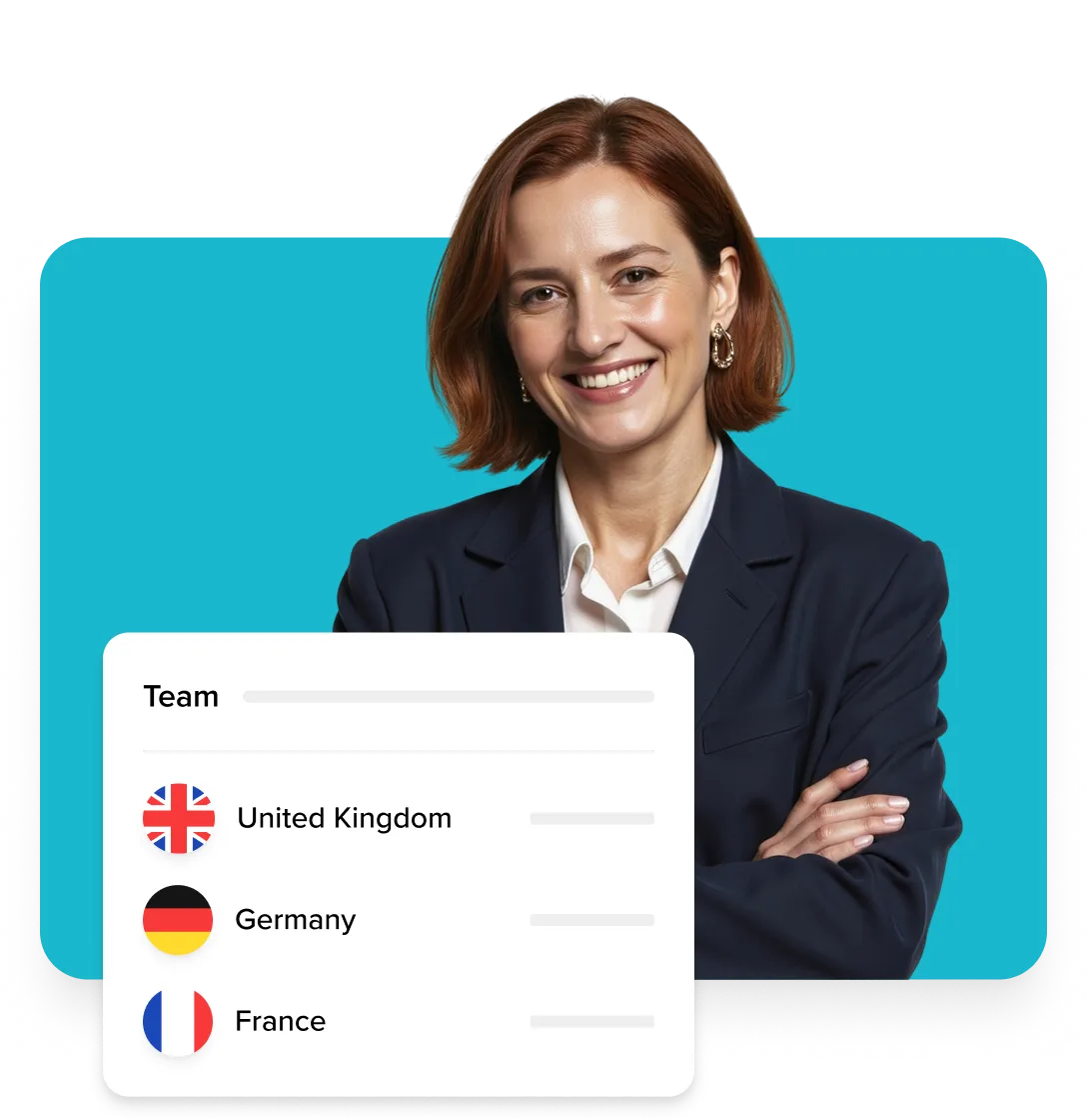Smiling woman with short red hair wearing a dark blazer and white shirt, next to a list of European countries with their flags: United Kingdom, Germany, France.