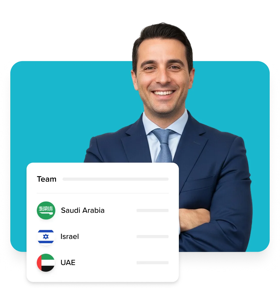 Smiling business man in navy suit and blue tie with a list of Middle Eastern teams Saudi Arabia, Israel, and UAE with their flags.