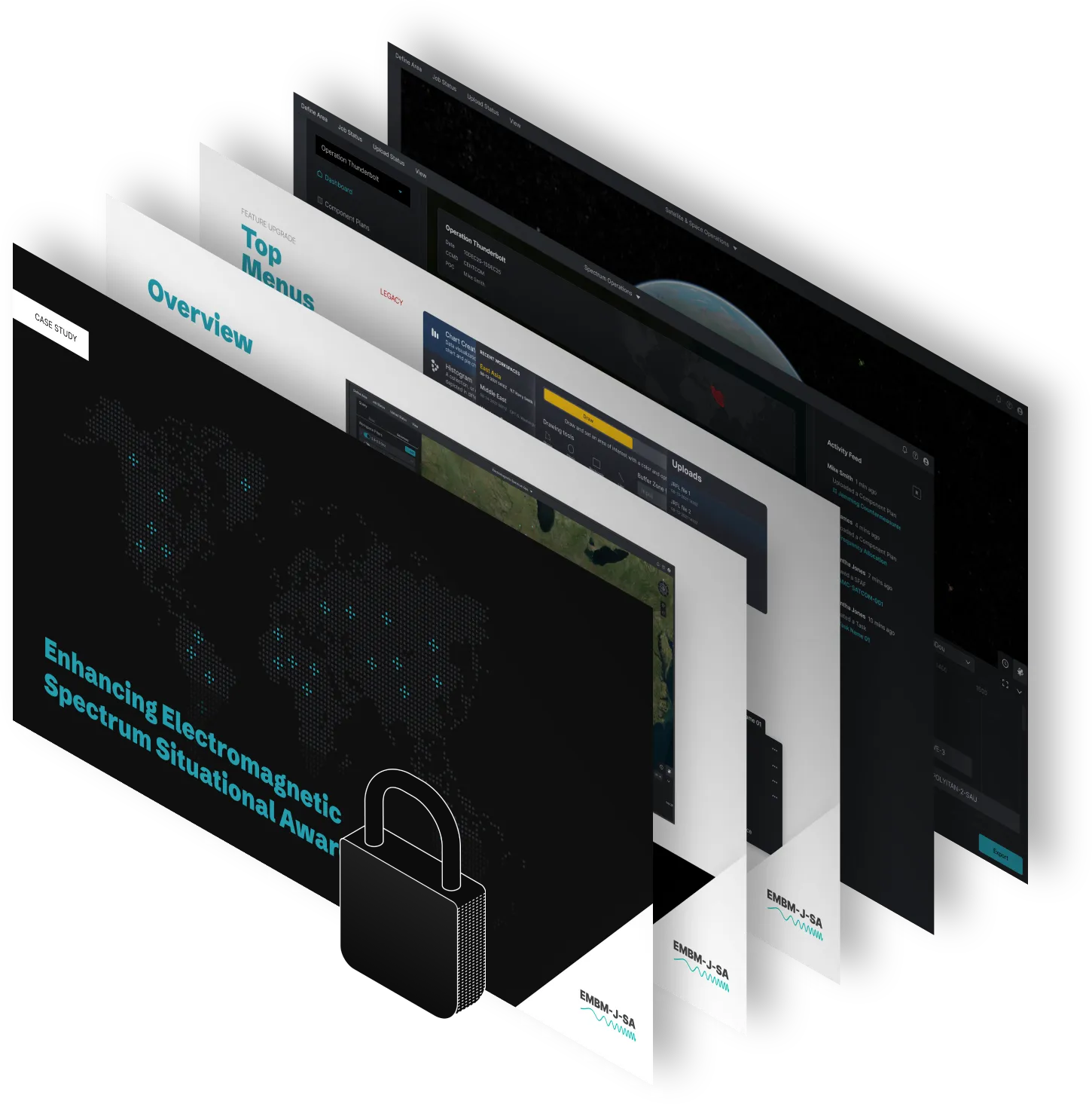 Stacked 3D render of EMBM case study screens, including overview slides, interface menus, and a dark world map with teal highlights.