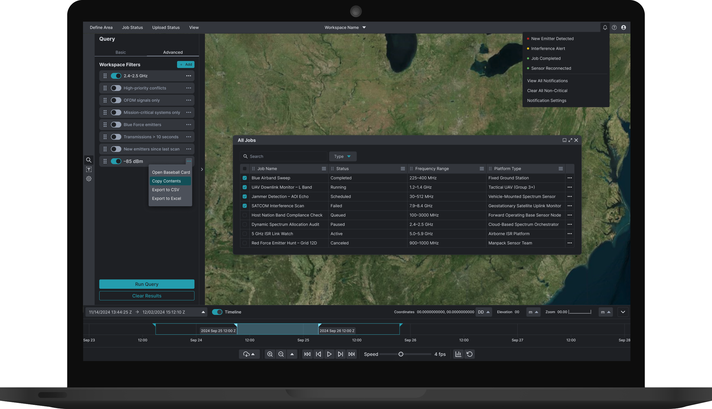Computer monitor displaying the EMBM redesigned interface, featuring a map view with spectrum activity, job status table, and filter panel.