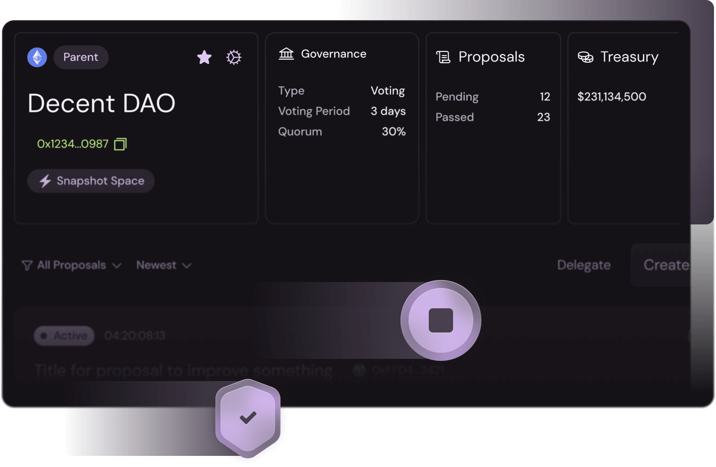 The Decent DAO dashboard as seen within the Decent App