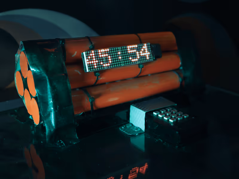 Close-up of a homemade bomb with orange dynamite sticks and an LED digital timer displaying 45:54.