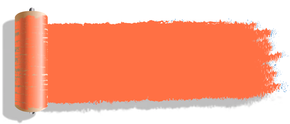 Paint roller applying a wide stroke of bright orange paint on a white background.