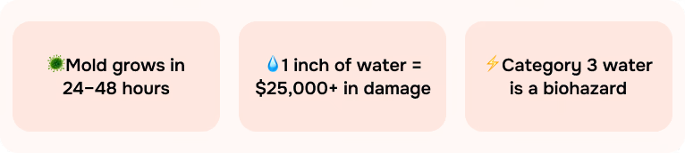 Three facts: Mold grows in 24–48 hours, 1 inch water causes $25,000+ damage, category 3 water is biohazard.